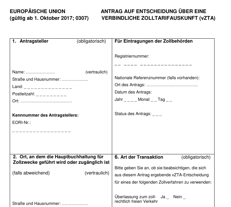 Antrag auf verbindliche Zolltarifauskunft — Formular 0307